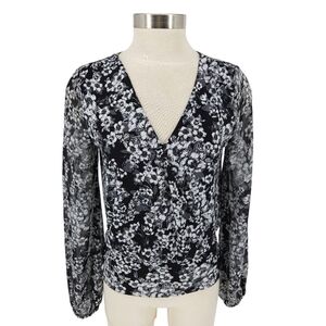 White House Black Market Matte Jersey Blouse Floral Long Sleeve Faux Wrap Small